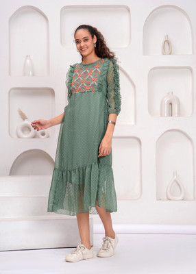 Highlight fashion export Women Fit and Flare Green Midi/Calf Length Dress