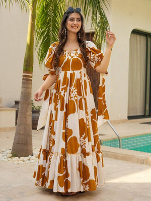 Fashion2wear Women Gown Yellow, White Maxi/Full Length Dress