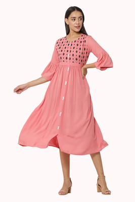 A R J FASHION Women Fit and Flare Pink Below Knee Dress