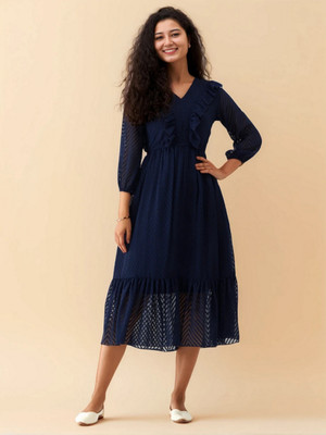AASK Women Fit and Flare Dark Blue Midi/Calf Length Dress