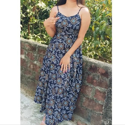 UNIFYFASHION Women Fit and Flare Dark Blue, White, Yellow Ankle Length Dress