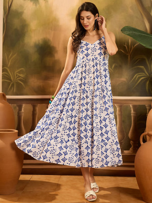 Stylum Women Fit and Flare Blue, White Maxi/Full Length Dress