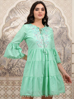 Vishudh Women Fit and Flare Green Midi/Calf Length Dress