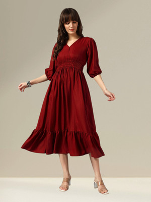 Raiyani Enterprise Women Fit and Flare Maroon Midi/Calf Length Dress