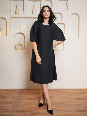 PURVAJA Women A-line Black Midi/Calf Length Dress