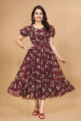 Mahi Fashion Stores Women Fit and Flare Maroon Maxi/Full Length Dress