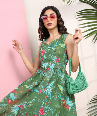 Tokyo Talkies Women Fit and Flare Green Above Knee/Mid Thigh Length Dress