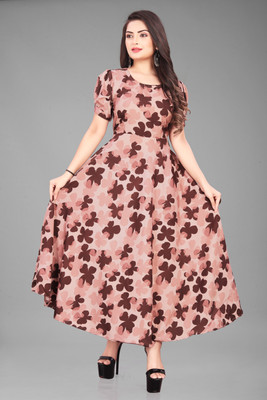 ZOPDI Women A-line Brown, Pink, White Maxi/Full Length Dress