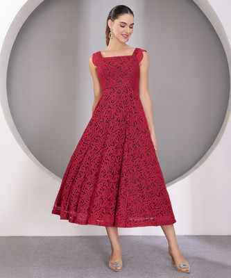 Miss Chase Women Ruffled Maroon Midi/Calf Length Dress