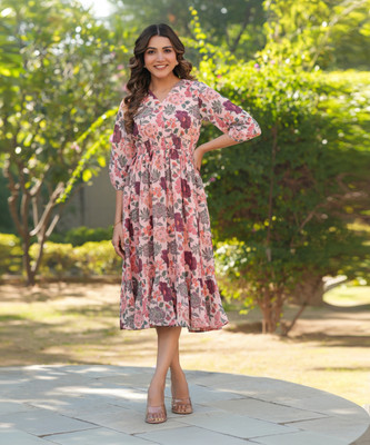 Janasya Women Fit and Flare Pink Midi/Calf Length Dress