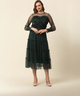 PLUSS Women Fit and Flare Dark Green Midi/Calf Length Dress