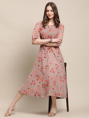 Fabflee Women A-line Brown Midi/Calf Length Dress