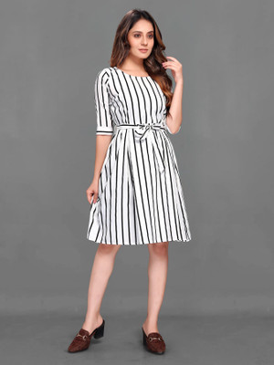 SITARAM FASHIION Women Fit and Flare White Knee Length Dress