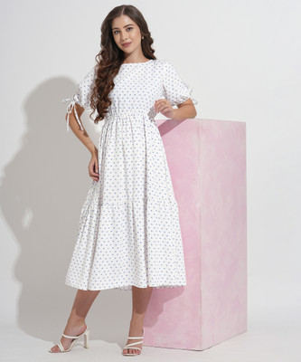 FashFun Women Fit and Flare White Midi/Calf Length Dress