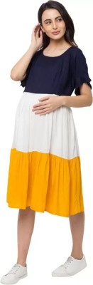 ap2kurti Women Gathered Yellow, White, Dark Blue Dress