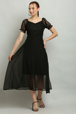 Shyammc Women Fit and Flare Black Midi/Calf Length Dress