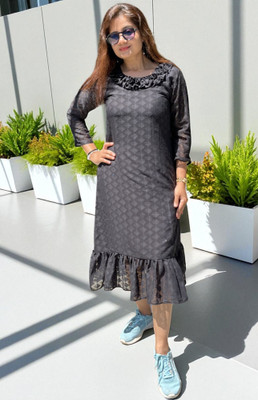 Bhanderi Creation Women A-line Black Midi/Calf Length Dress