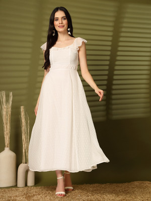 AAYU Women Fit and Flare White Maxi/Full Length Dress