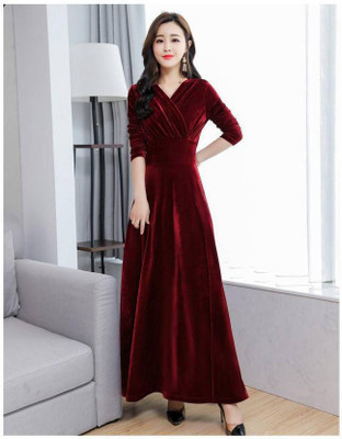 Shrutika Women Fit and Flare Maroon Maxi/Full Length Dress