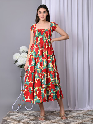 ZWERLON Women Fit and Flare Multicolor Midi/Calf Length Dress