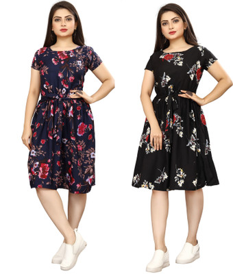 HouseOfCommon Women A-line Black, Blue Knee Length Dress