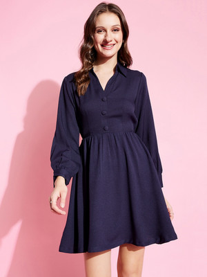 KASSUALLY Women Fit and Flare Dark Blue Above Knee/Mid Thigh Length Dress