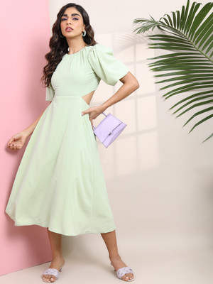 Tokyo Talkies Women Cinched Waist Green Midi/Calf Length Dress