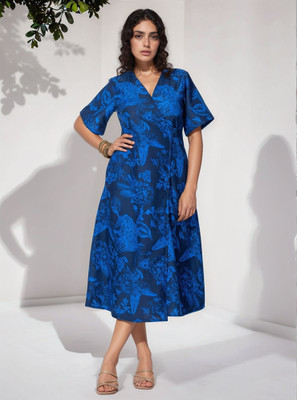 FashFun Women Wrap Blue Midi/Calf Length Dress