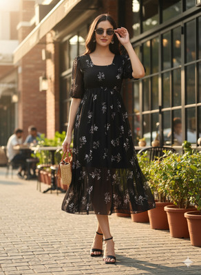ROSEMELON Women A-line Black Midi/Calf Length Dress