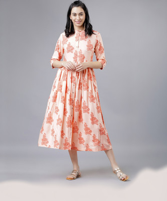 Vishudh Women Fit and Flare Multicolor Midi/Calf Length Dress