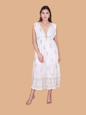 Moda Rapido Women Fit and Flare White Maxi/Full Length Dress