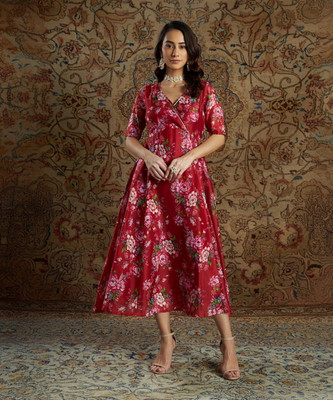 Shae by SASSAFRAS Women Fit and Flare Maroon Midi/Calf Length Dress