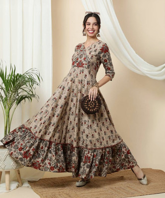 Gustofab Women Fit and Flare Brown Maxi/Full Length Dress