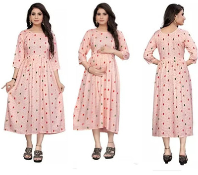 zoxfay Women Gown Pink, Red, Green Midi/Calf Length Dress