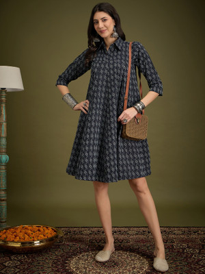 InWeave Women Fit and Flare Black Above Knee/Mid Thigh Length Dress
