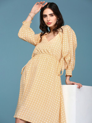 SHOWOFFFF Women Fit and Flare Yellow Knee Length Dress