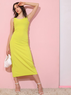 Tokyo Talkies Women Ribbed Yellow Midi/Calf Length Dress