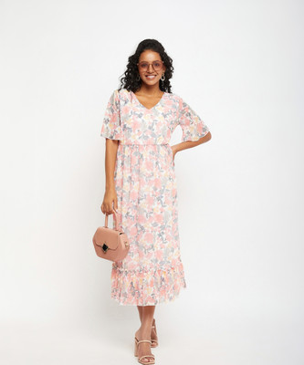 BITTERLIME Women Fit and Flare Pink Midi/Calf Length Dress