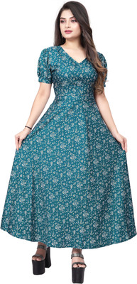 ZOPDI Women Gown Dark Blue, White Maxi/Full Length Dress