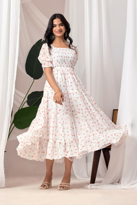 DreamVilla Women Fit and Flare White Maxi/Full Length Dress