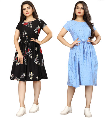 HouseOfCommon Women A-line Black, Blue Knee Length Dress