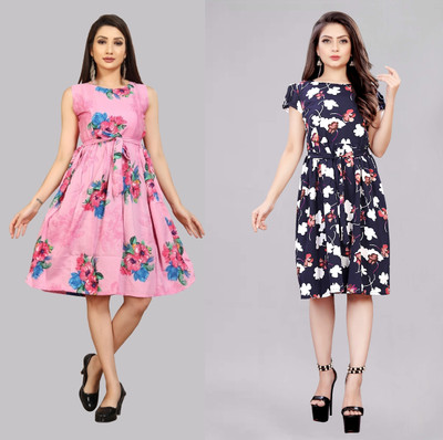 Hiral Creation Women Fit and Flare Multicolor Knee Length Dress