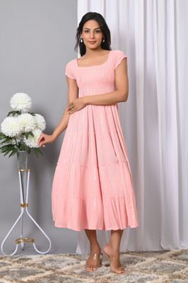 IQRAAR Women Fit and Flare Pink Midi/Calf Length Dress