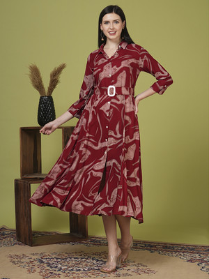 Fashor Women A-line Red Midi/Calf Length Dress
