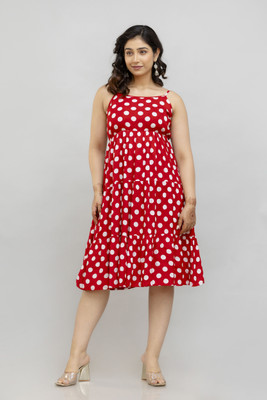 SHANGUL Women Fit and Flare Red Midi/Calf Length Dress