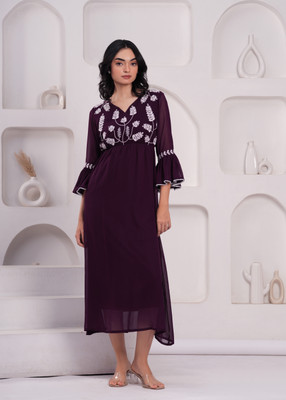 JC4U Women Fit and Flare Red Midi/Calf Length Dress