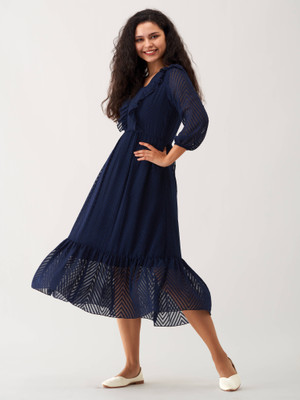 AASK Women Fit and Flare Dark Blue Midi/Calf Length Dress