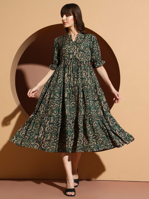 OTABU Women A-line Green Midi/Calf Length Dress