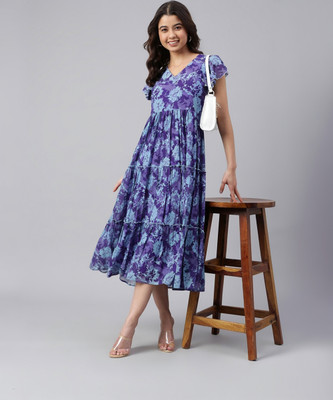 Janasya Women Fit and Flare Blue, Purple Midi/Calf Length Dress