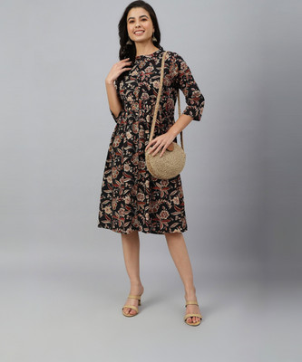 Janasya Women Fit and Flare Black Knee Length Dress